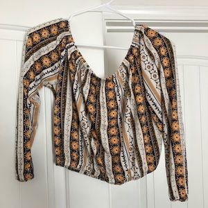 Off the shoulder yellow/blue patterned crop top